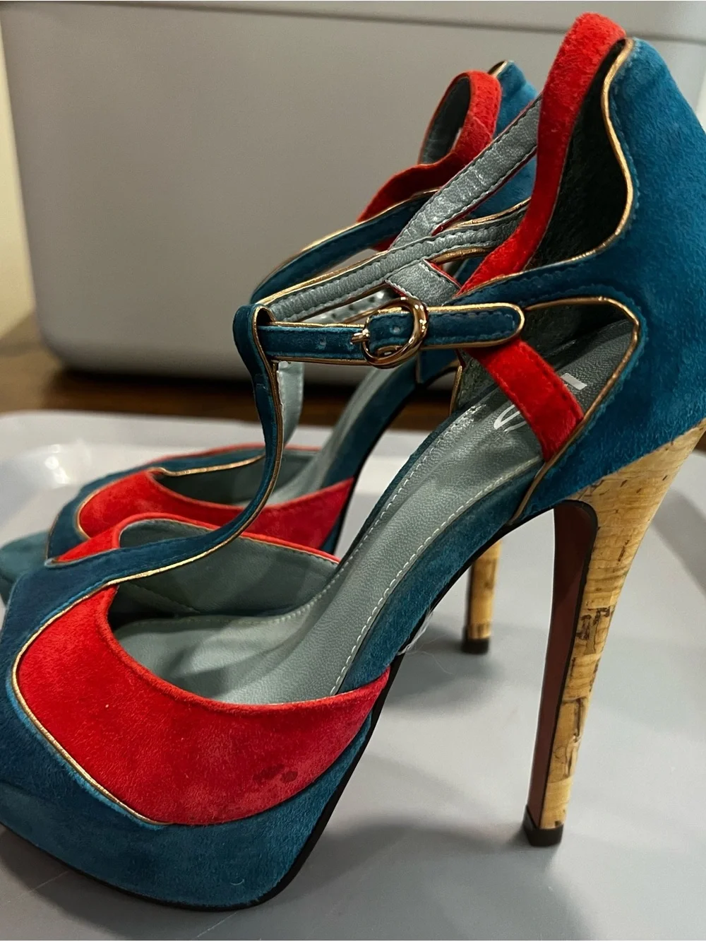 Kurt Geiger Teal and Red Suede T-Strap Heels with Gold Trim - Picture 2 of 3